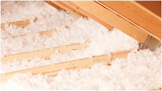 Loose-fill insulation in an attic floor.